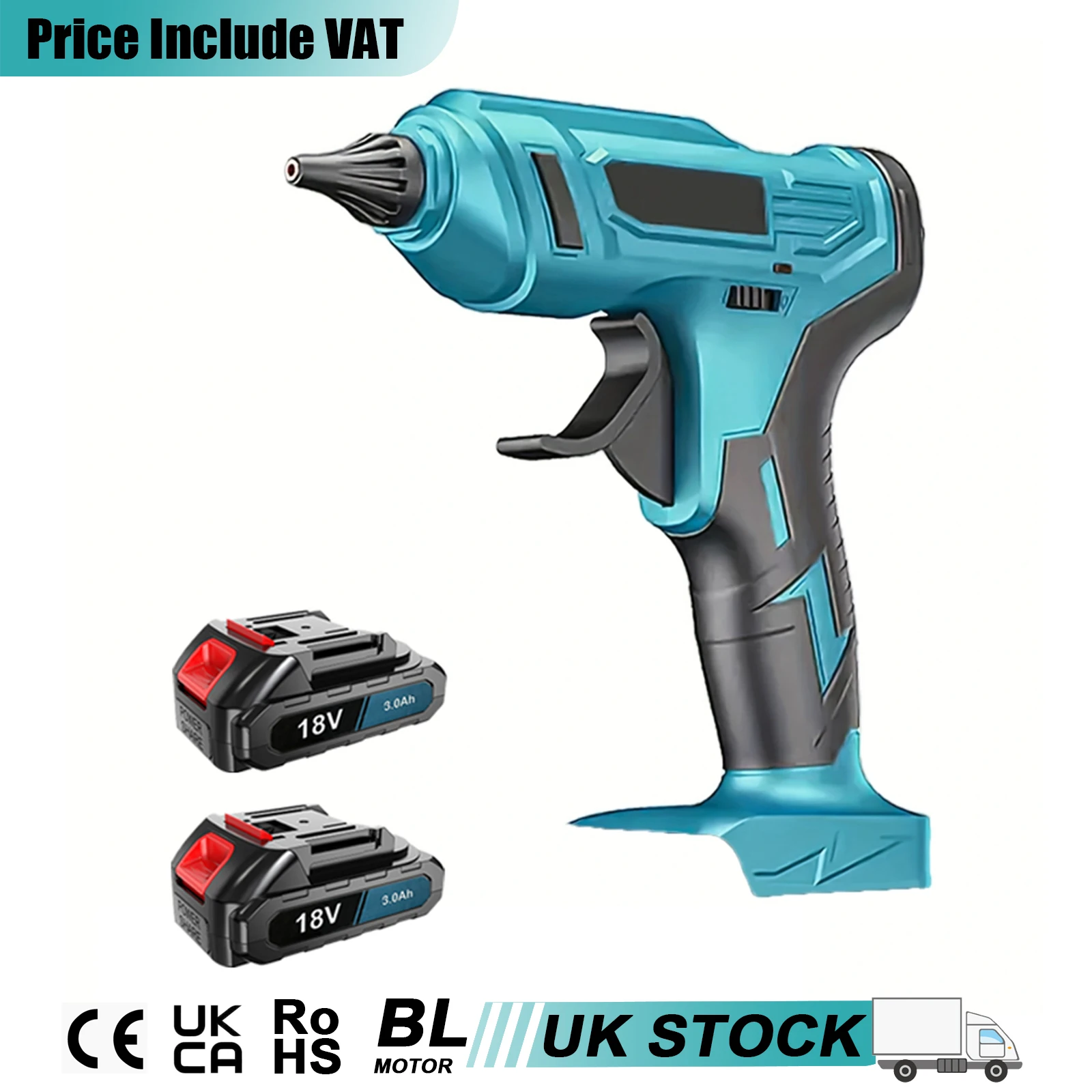 18V Cordless Glue Gun - Rechargeable Hot Glue Gun For Crafting, DIY, Woodwork, Upholstery 2pcs 3000mAH Battery and UK Plug