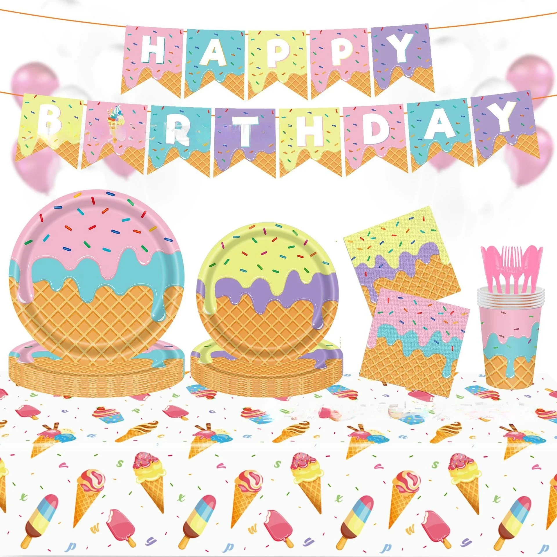 Ensemble de vaisselle en papier pour fête, crème glacée d'été, dessert au poulet, britware, décoration de fête d'anniversaire pour enfants, 20 pièces