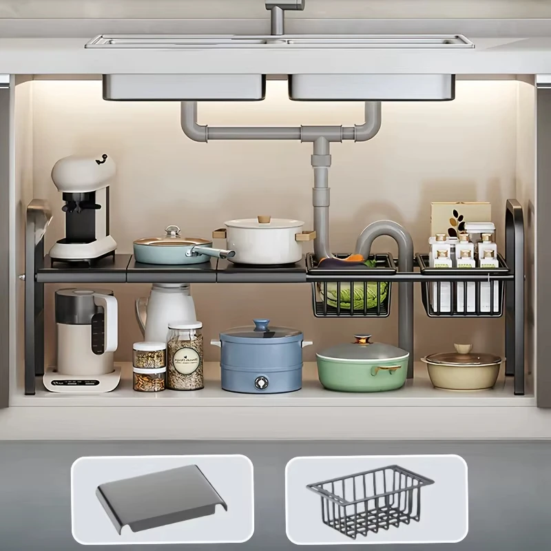 Expandable Under Sink Shelf, 2 Layer Sturdy Metal Organizer with Rust-Resistant Coating, Multi-Purpose Cabinet Storage for Bathroom, Kitchen, Laundry Room