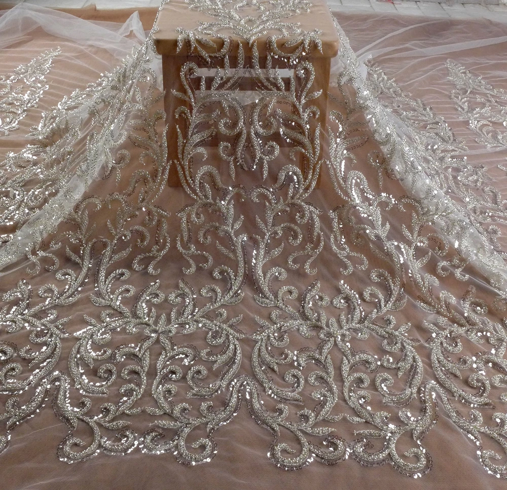 

HelluyerDC Silver,Off white heavy beading lace fabric,One Side patterns lace for fashion,wedding,evening,dance gown by the yard