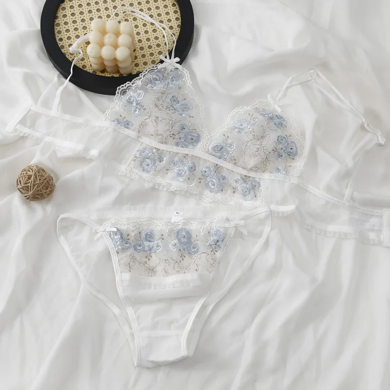 Sexy White Lingerie Set French Lace Blue Flowers Embroidery Bra Set Women Ultra Thin Breathable Underwear Triangle Cup Bralette