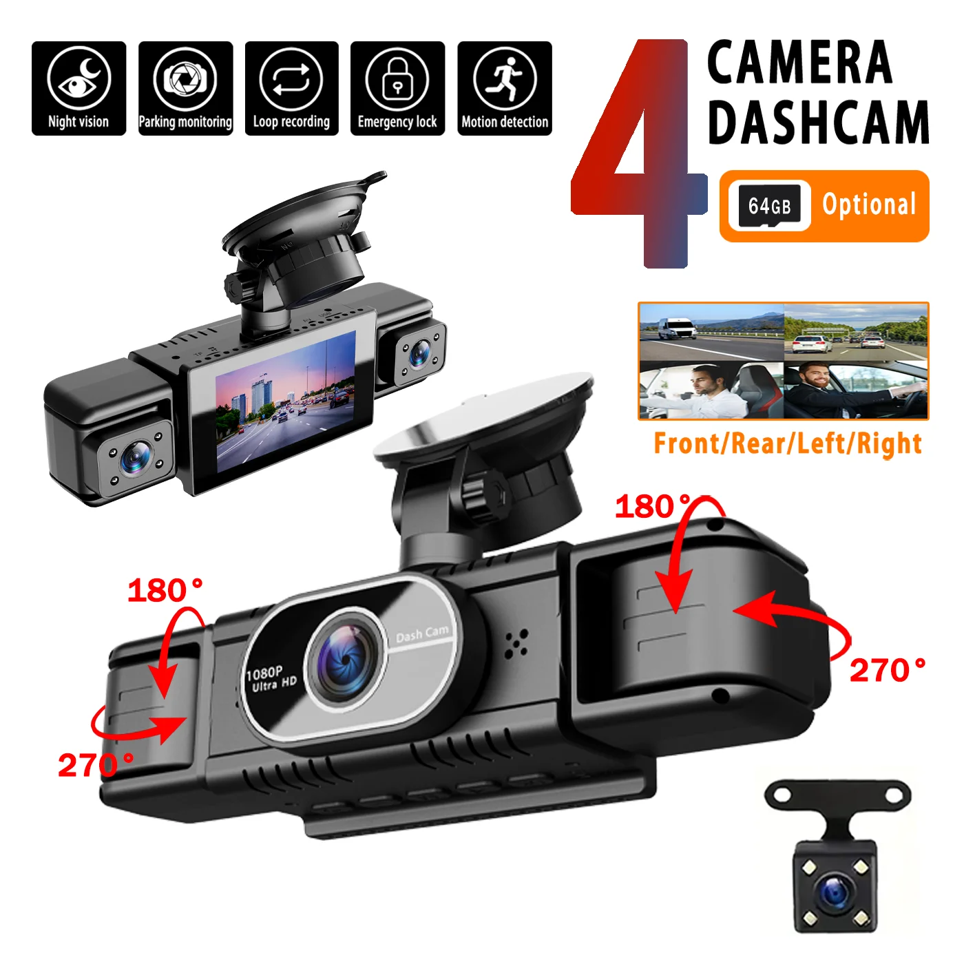 

3-inch IPS 4-lens 1080P HD car dashcam with night vision, G-sensor, loop recording, motion detection, parking monitoring, 12V ci