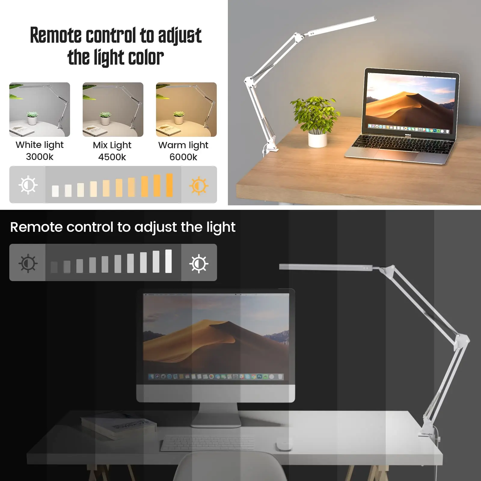 LED Desk Lamp Long Arm Foldable Clamp Adjustable Eye Caring Light with 3 Color Modes Dimmable for Reading Study and Office Work