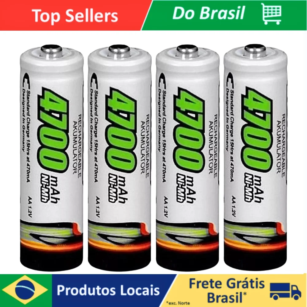 4 Pilhas Bateria  Recarregáveis AA 4700 Mah Durável