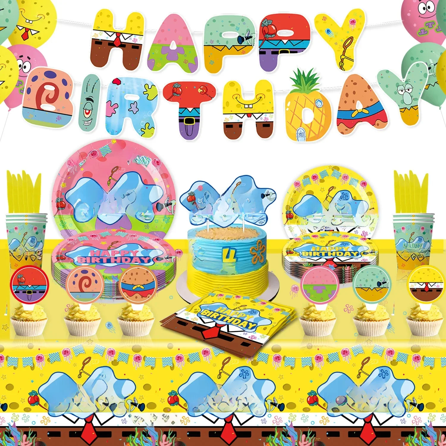 Bob l'éponge décoration de fête d'anniversaire ballon en aluminium pour enfant fournitures d'événements vaisselle jetable bannière toile de fond cadeau