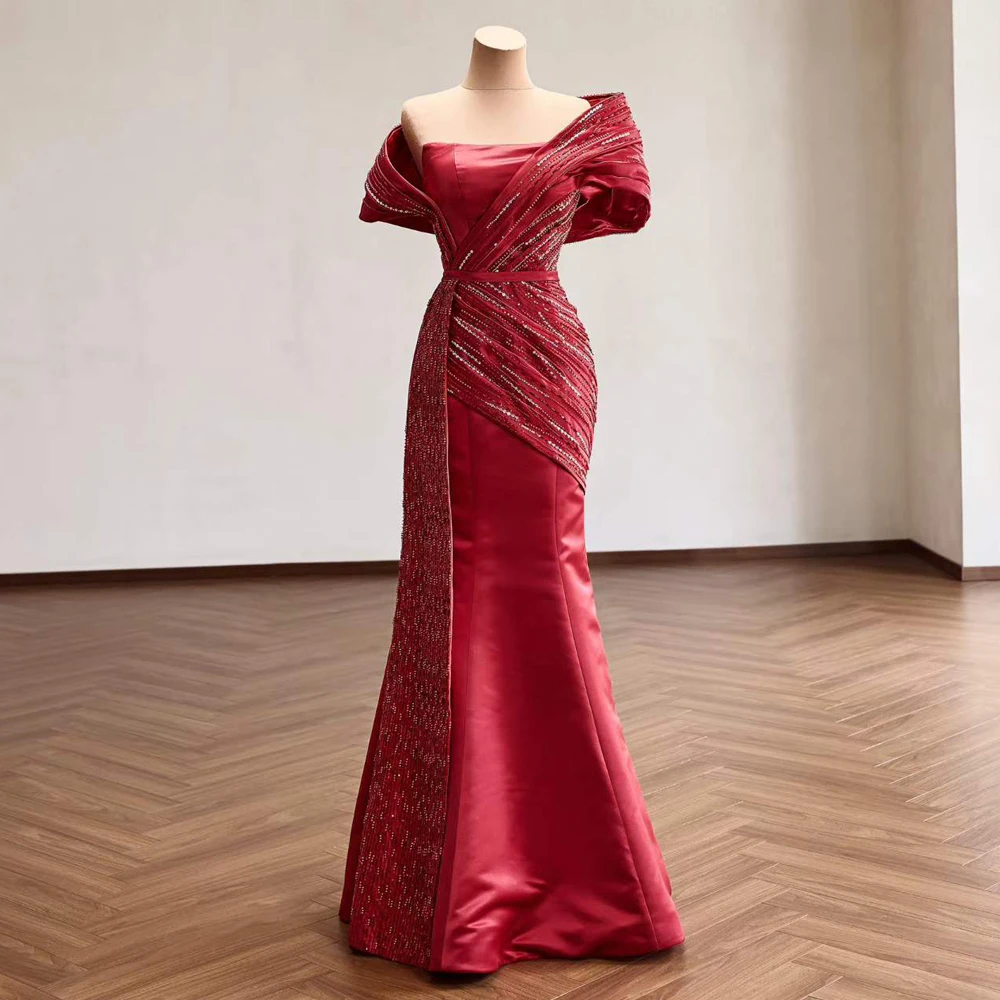 Red Mermaid 2 In1 Evening Dress With Detachable Train Satin Beading Pearl Prom Dress