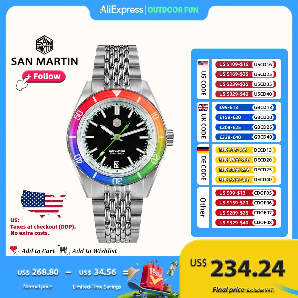 

San Martin, оригинальный дизайн, 39,5 мм, модные мужские часы для дайвинга, сапфировый Радужный безель, механические часы, светящаяся дата, 200 м, SN0116
