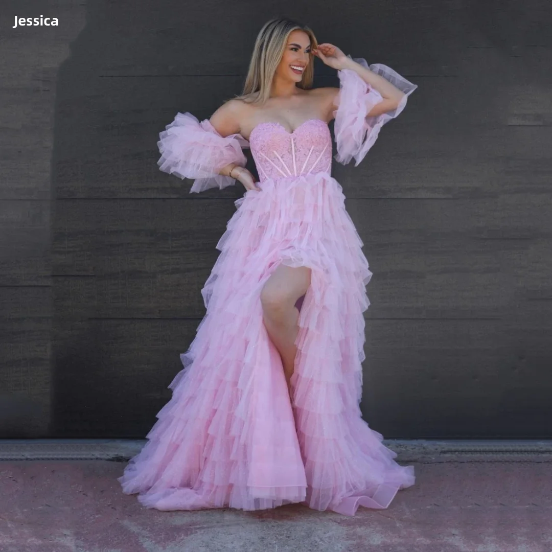 

Jessica Embroidered Puff Sleeves Evening Dresses Pink Tulle Multi-layer Prom Dresses A-line Side Slits Party Dresses Customized