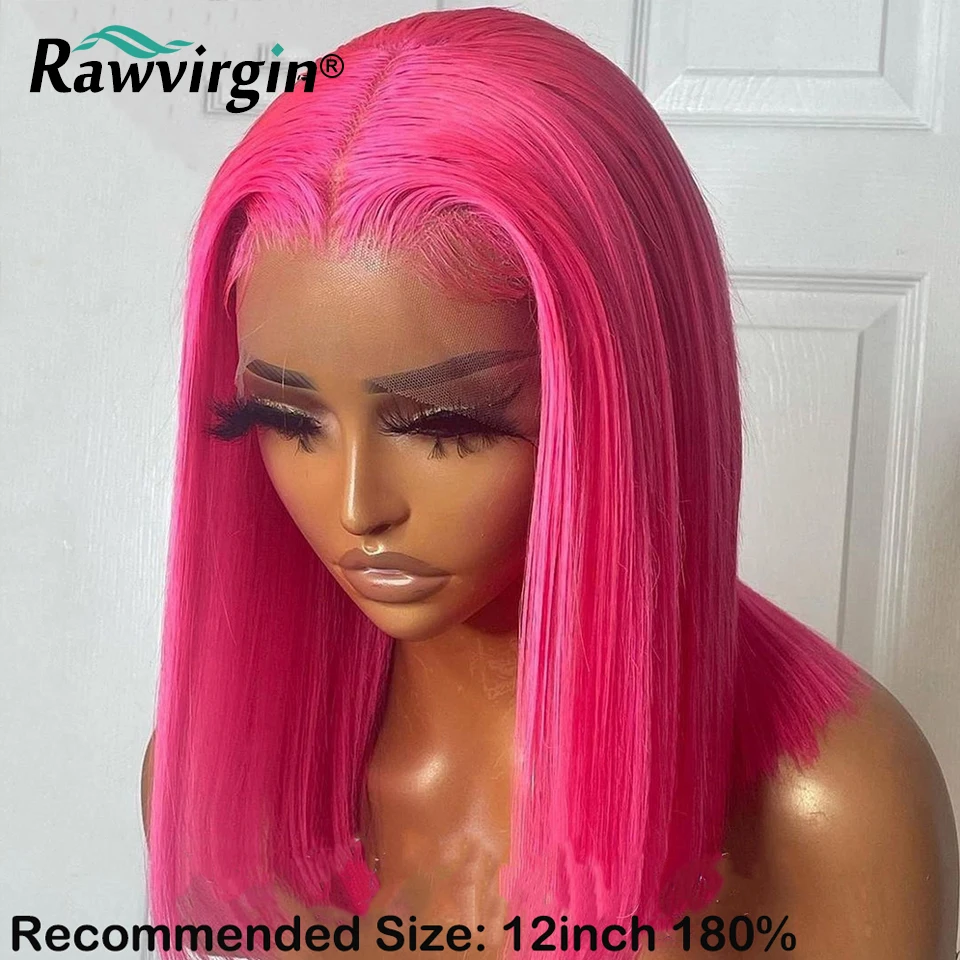 200% 13x4 Hot Pink Short Bob Wig Raw Lace Front Human Hair Wigs 613 Colored Virgin Human Hair Silky Straight Transparent Lace