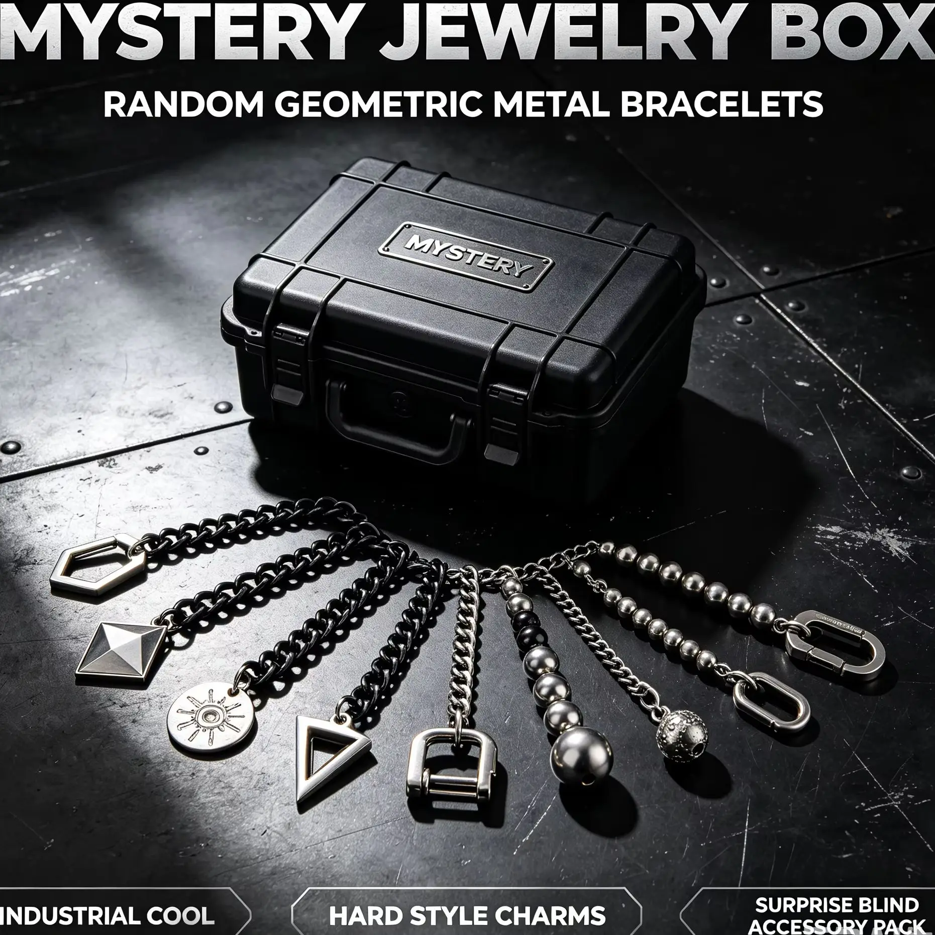 Industrial Cool Unisex Jewelry Mystery Box Random Geometric Metal Bracelets Hard Style Charms Surprise Blind Accessory Pack