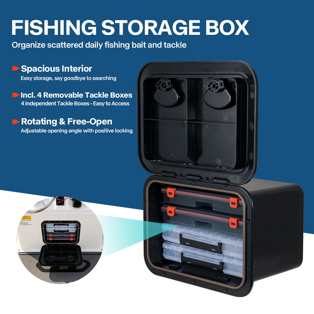 

Marine Fishing Storage Hatch Box Boat Deck Access Hatch Organizer with 4 Removable Tackle Boxes Waterproof ABS
