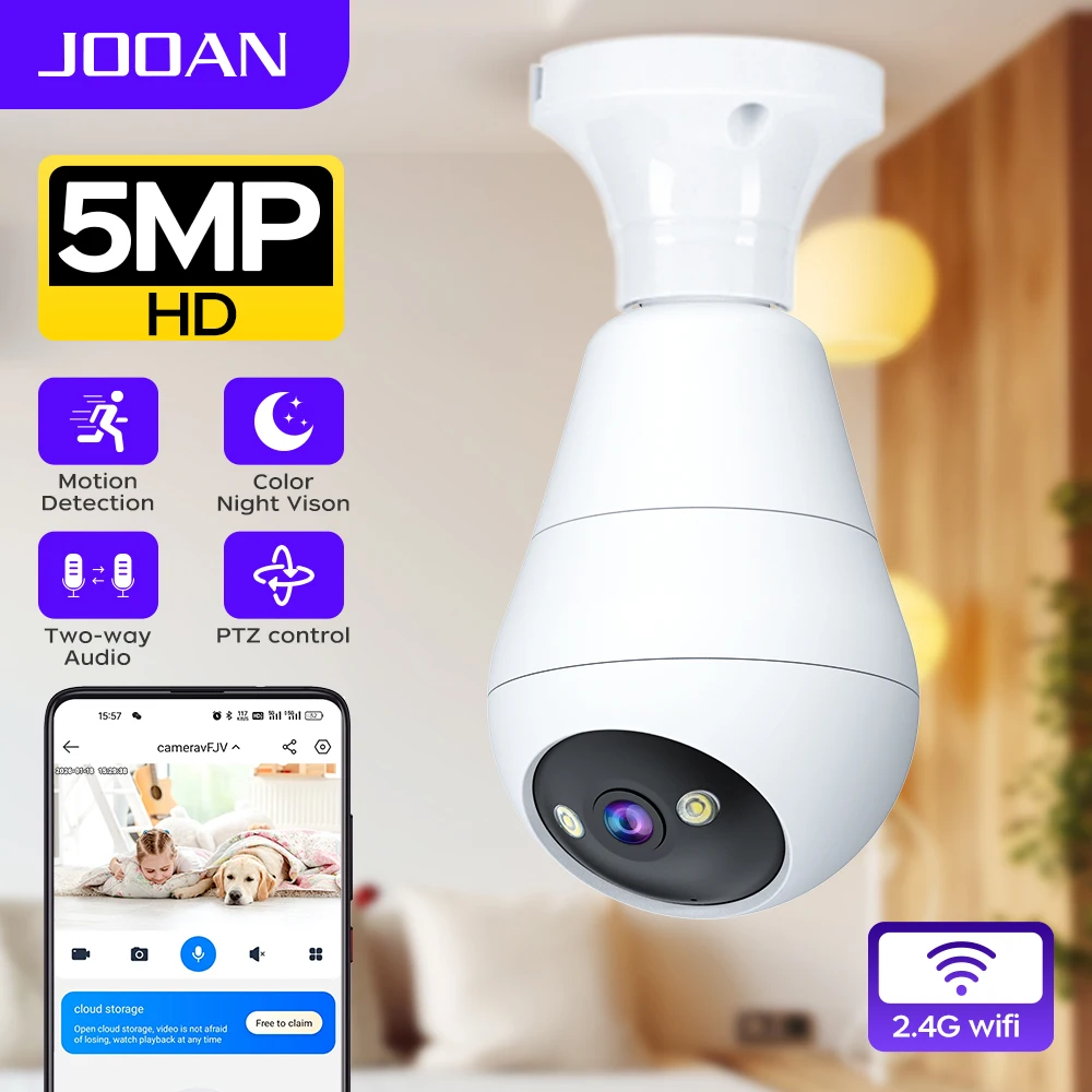 

JOOAN 5MP Wi-Fi камера-лампочка E27 для помещений с автослежением, ночным видением, двусторонней аудиосвязью и функцией IP-видеонаблюдения