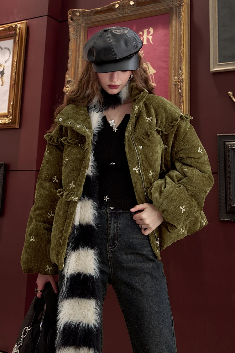 ELFSACK Winter Bow Embroidery Down Jacket for Women, Sweet And Cute Warm Velvet Cloth Thick Warm Coat