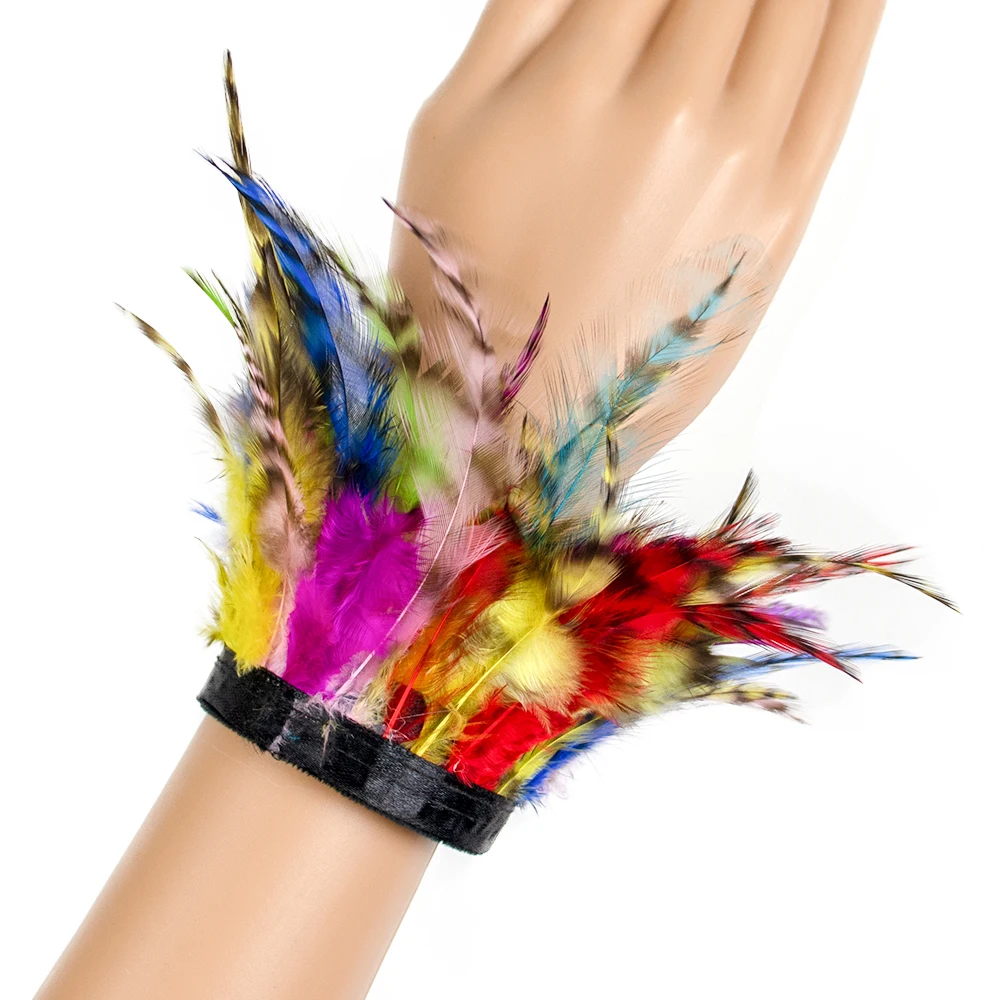 Colorful Feather Snap Cuffs Wrist Sleeve  Customized  Wristband with Pheasant Feathers Trim For photos Feather wrist cuffs