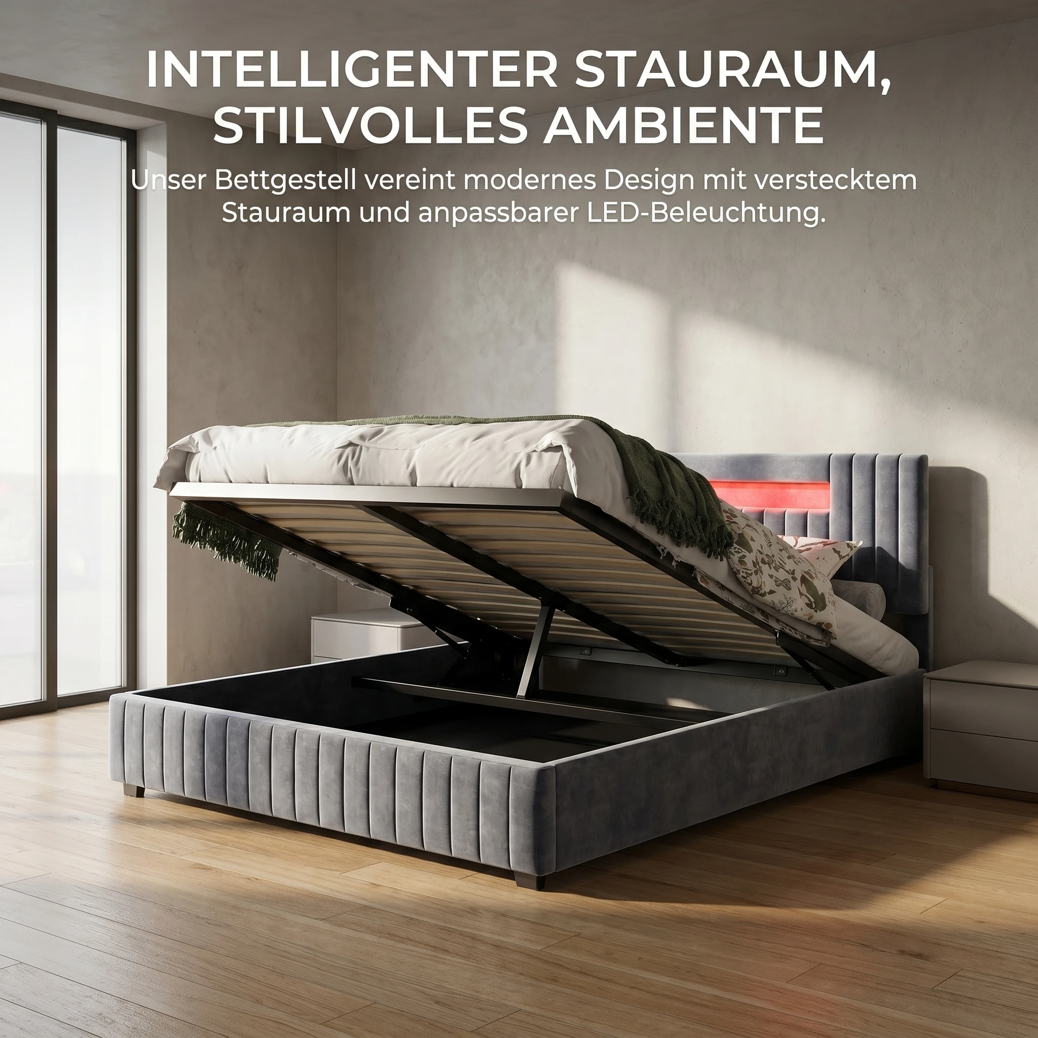 Anajqaqia 140 x 200 cm großes Polsterbett mit LED-Aufbewahrungskopfteil, gepolstertes Bett, hydraulisches Bett, Kastenbett, Funktionsbett, Samt, Grau – Detail 6