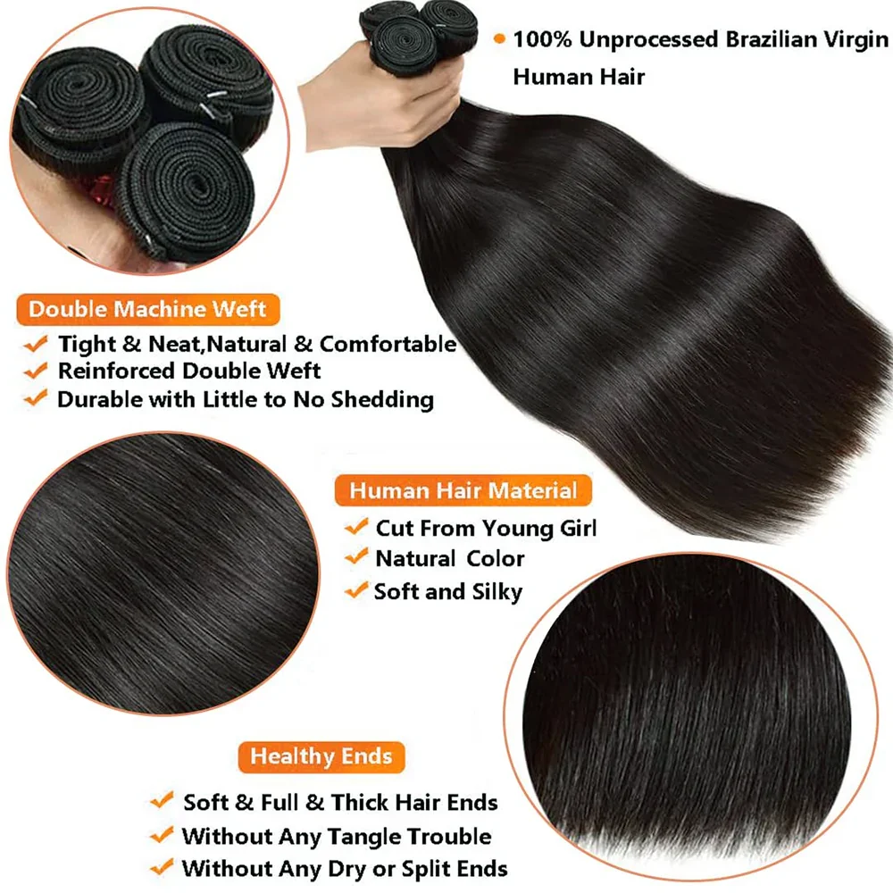 ストレートバンドル人毛100%バージンレミーヘアストレート人毛1～3束 # 1B ナチュラルブラック バンドル ウィーブ ヘアエクステンション