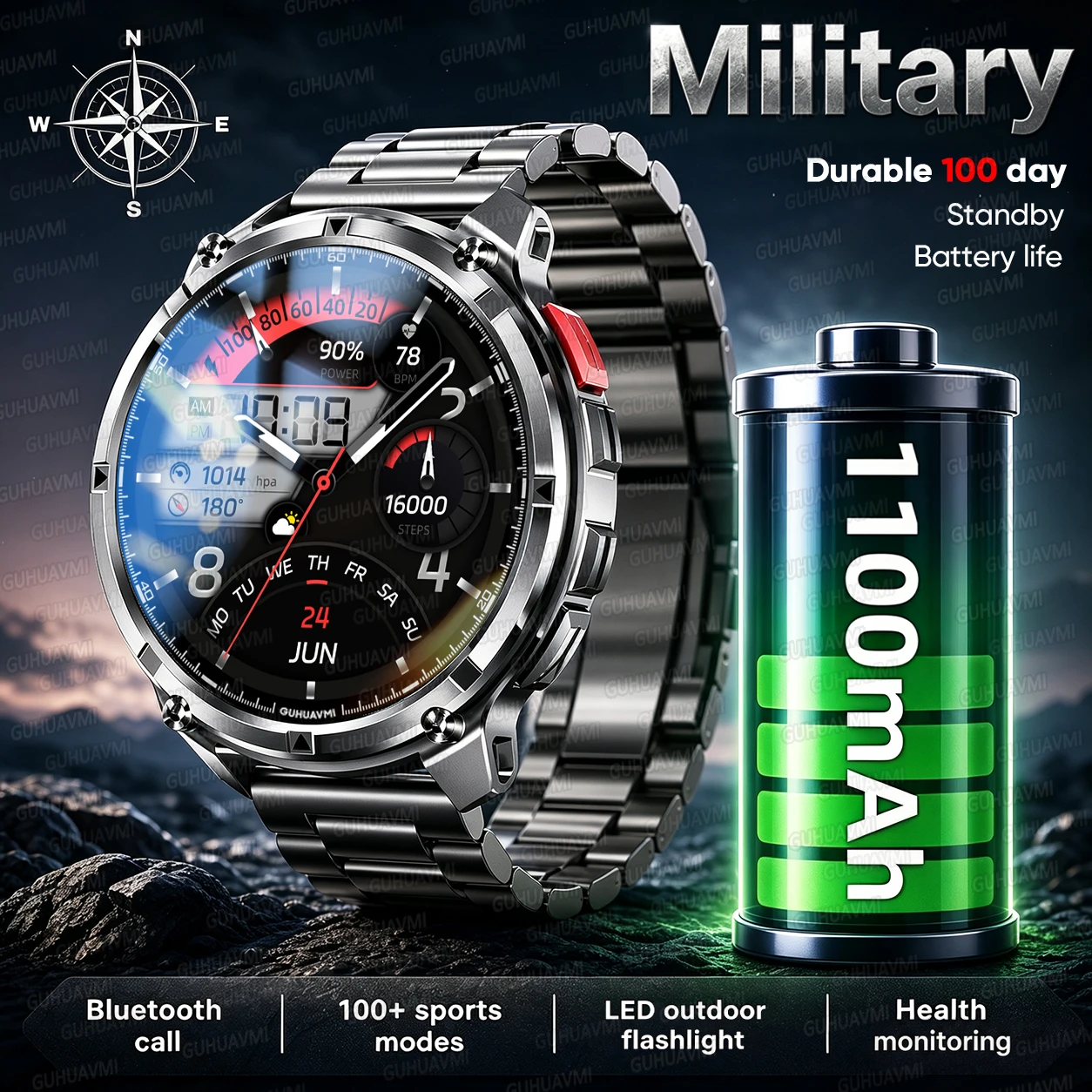 Nouvelle montre connectée militaire pour hommes, batterie grande capacité 1100mAh, écran HD 1.7 pouces, avec lampe de poche LED, boussole, fréquence cardiaque, appels Bluetooth, étanche IP68, montre connectée de sport