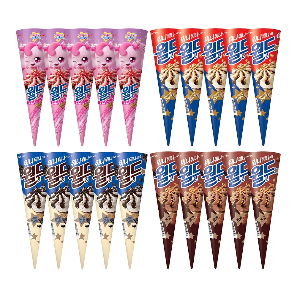 Lotte Well Food CatchTyneeping X Strowberry World Cone x 5 + World Con Vanilla x 5 + World Cone Cookie & K rim x 5 + 5 World Cone Choco