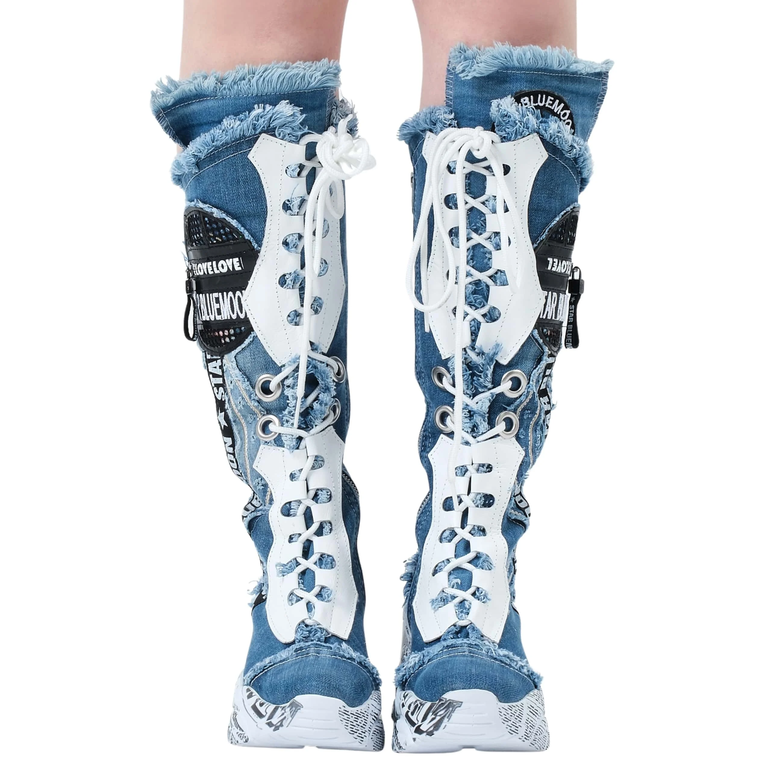 Botas Denim Artesanais para Mulheres, Botas Esportivas Com Salto, Sapatos de Plataforma Alta, Botas Sexy