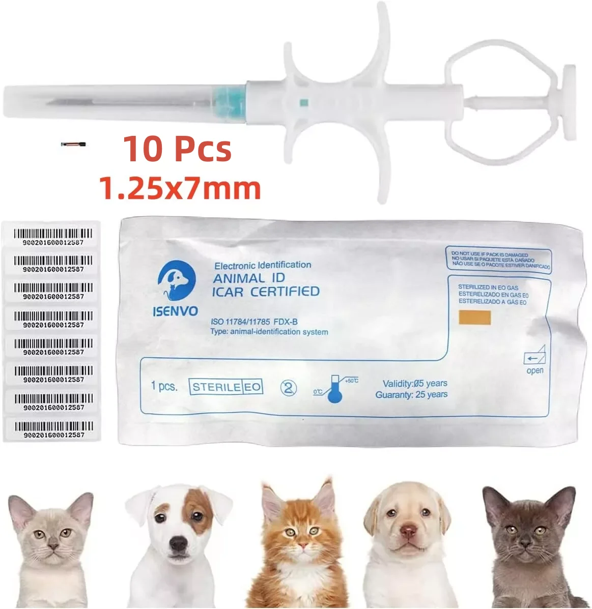 10Pcs 1.25x7mm Microchips Smallest Pet ID Chip Tag 134.2khz Animal Registration Microchips Syringe FDX-B ISO