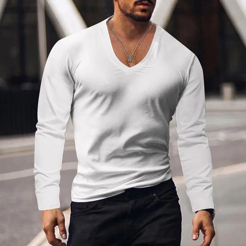 Casual Short Sleeve V Neck Slim Tee Mens Summer Leisure Pure Color Simple Basic T Shirt Men Clothes Fashion Skinny Tops Pullover