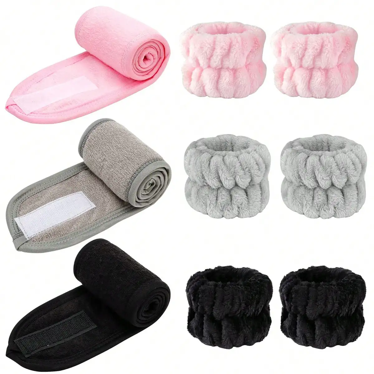 3-piece Velcro Plush Hairbands   Absorbent Wristbands for Washing Face, Water-Resistant, Makeup Removal and Skincare Hand Wraps