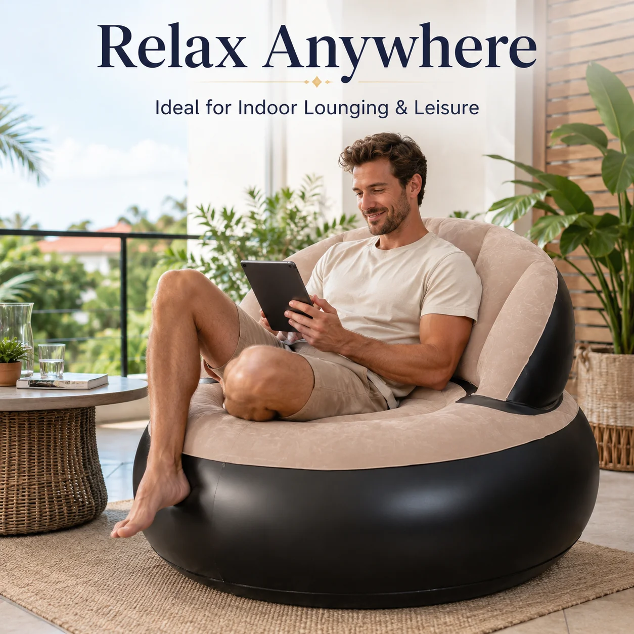 1PC Luxury Inflatable Sofa Chair with Air Pump, Soft Flocking Air Lounge Couch Portable Bean Bag Style Sofa