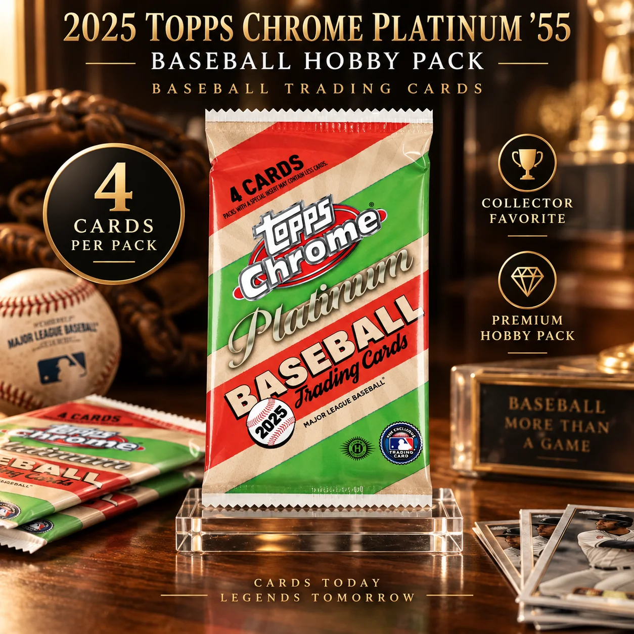 2025 Topps Chrome Platinum '55 Baseball Hobby Pack, 4 Cards Per Pack, Premium Sports Trading Cards for Retro Baseball Collecting, Classic Card Fans and Hobby Pack Enthusiasts