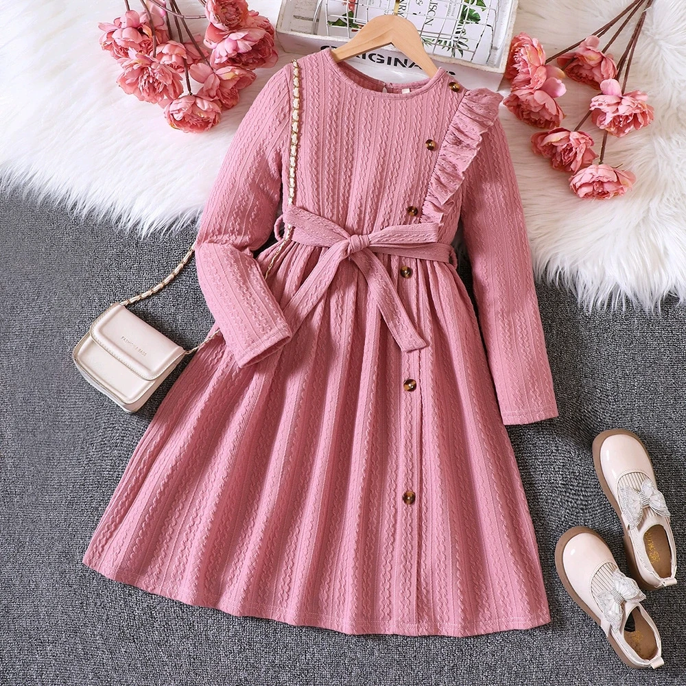 

New Girls' Elegant Dress & Bow Belt Casual Wear & Outdoor Activities Outfits Long Sleeve Girls' Knitted Dresses Korean Style