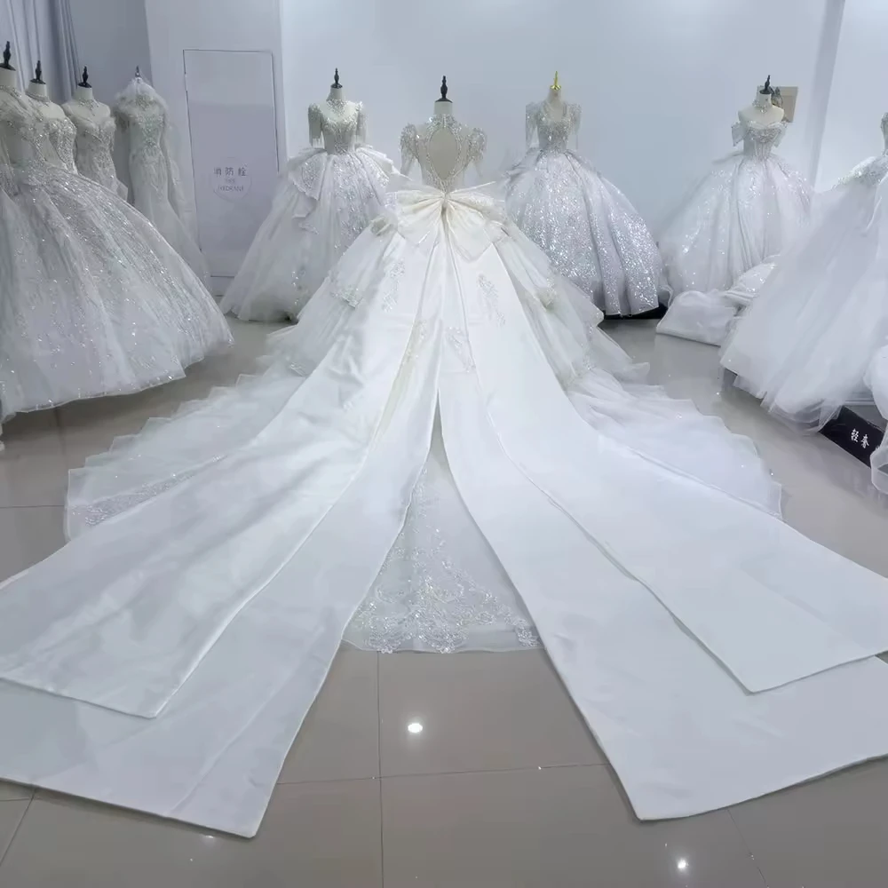 민속 결혼식용 긴팔 하이넥 웨딩드레스, 레이스업 백, 볼 가운, 티어드 비딩 보우 브라이덜 드레스