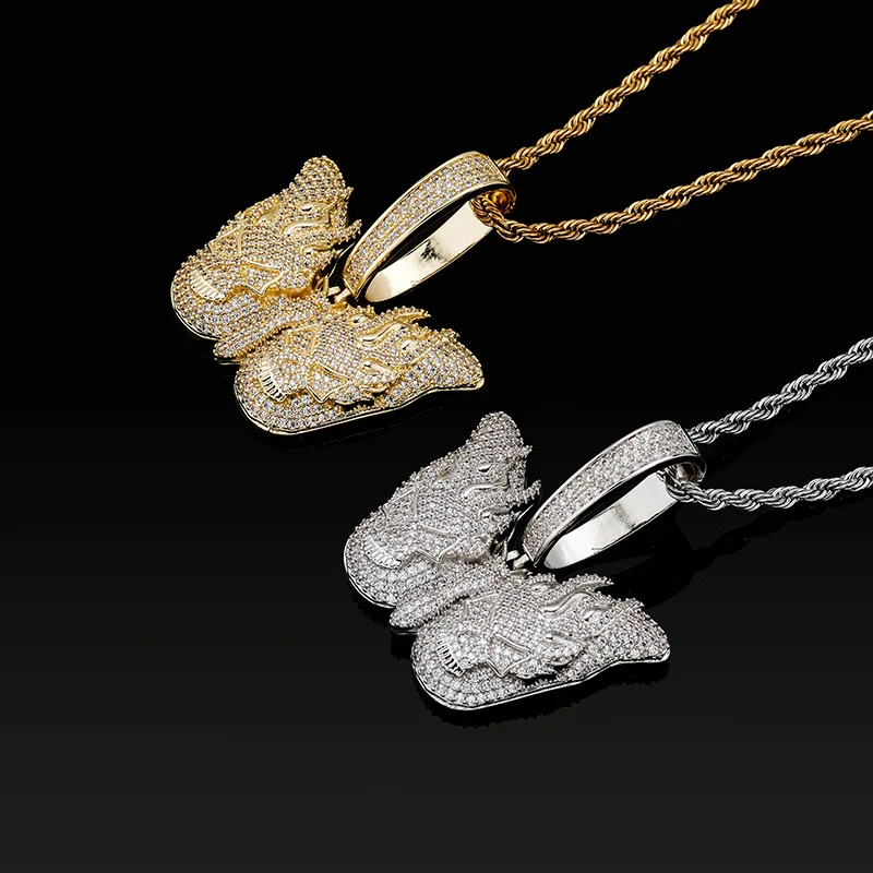 

Роскошный позолоченный кулон-бабочка с лабораторным бриллиантом, уникальный дизайн черепа с пламенем, ювелирные изделия в стиле хип-хоп для мужчин и женщин, изысканное ожерелье