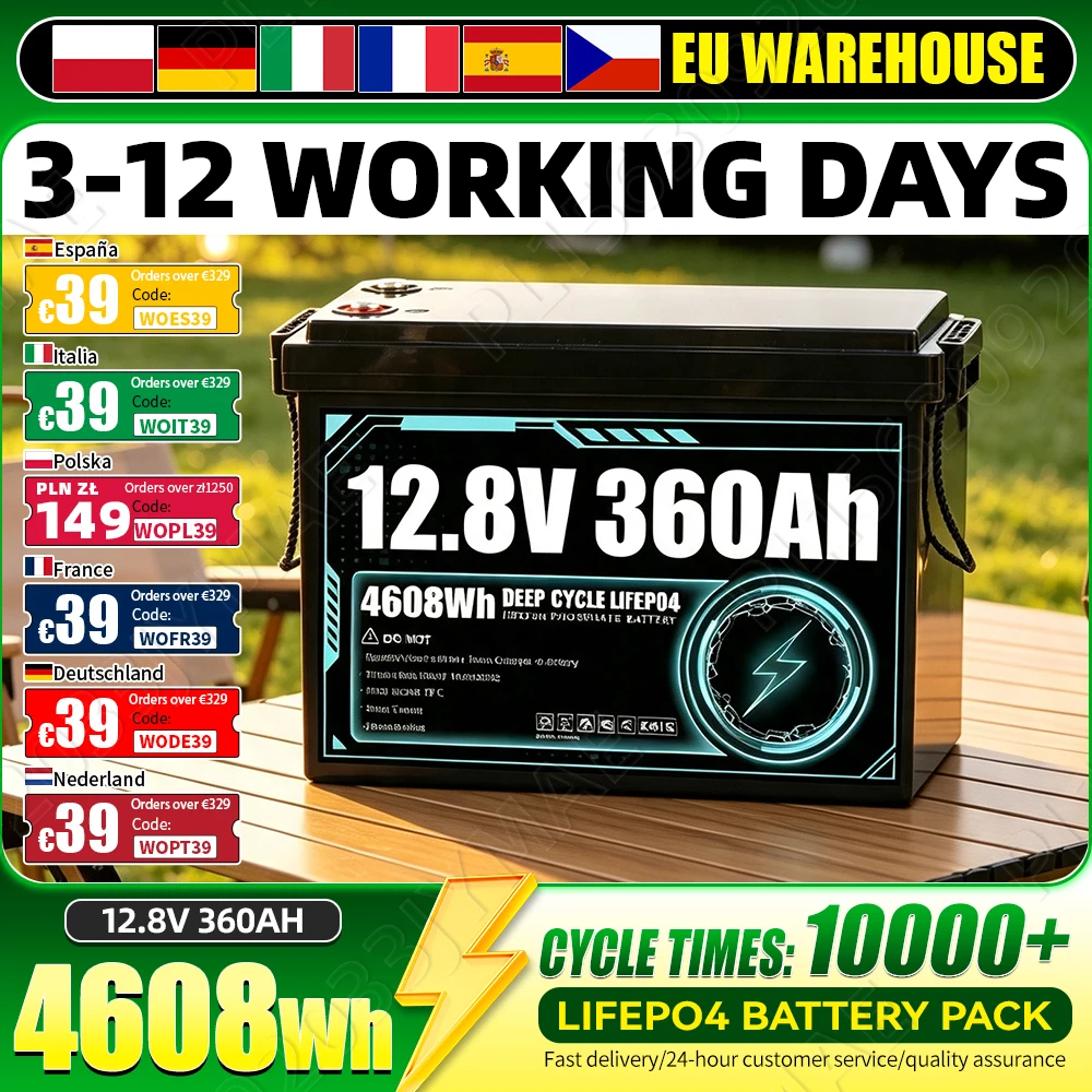 Image of Hochwertige 12V 360Ah LiFePO4-Batterie mit hoher Kapazität, unterstützt 10.000 Tiefentladungzyklen, 12,8V wiederaufladbare Lithium-Eisenphosphat-Zellen für Solar-Heimenergiespeichersysteme, Wohnmobile