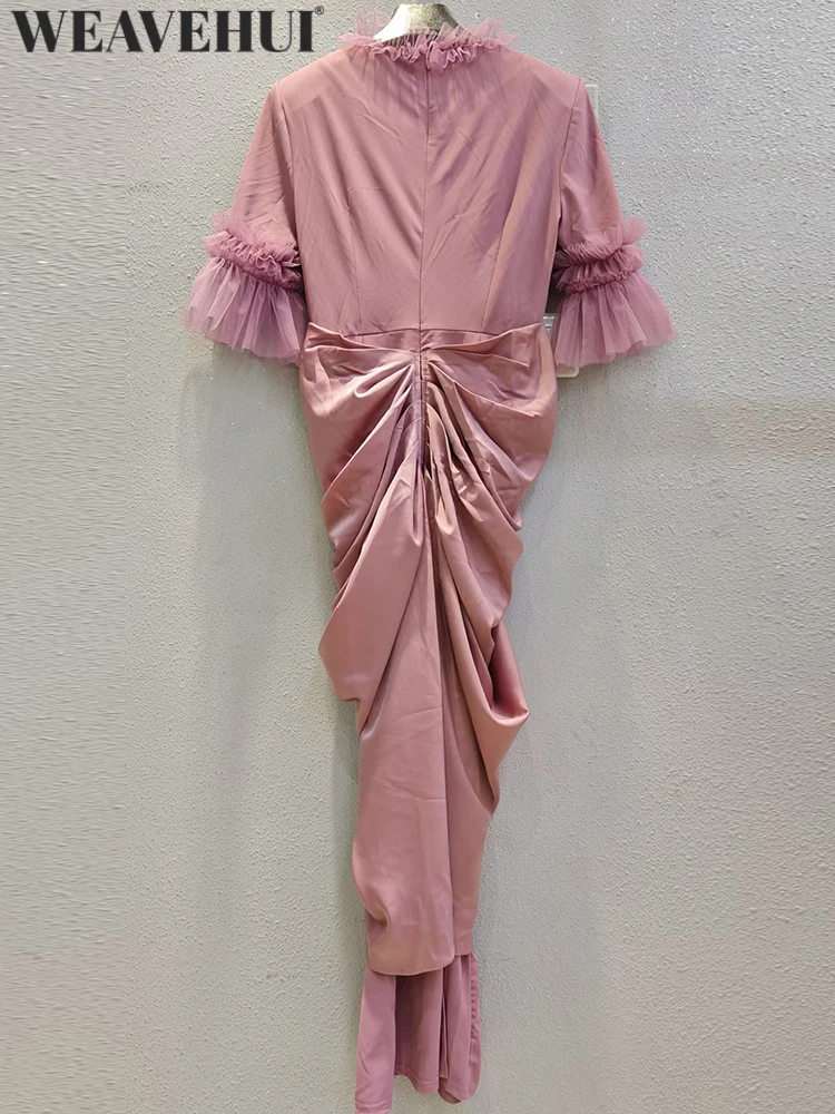 WEAVEHUI Women O-Neck Flare Sleeves Folds Metal Decorate Summer Solid High Street Slim Temperament New model Dresses