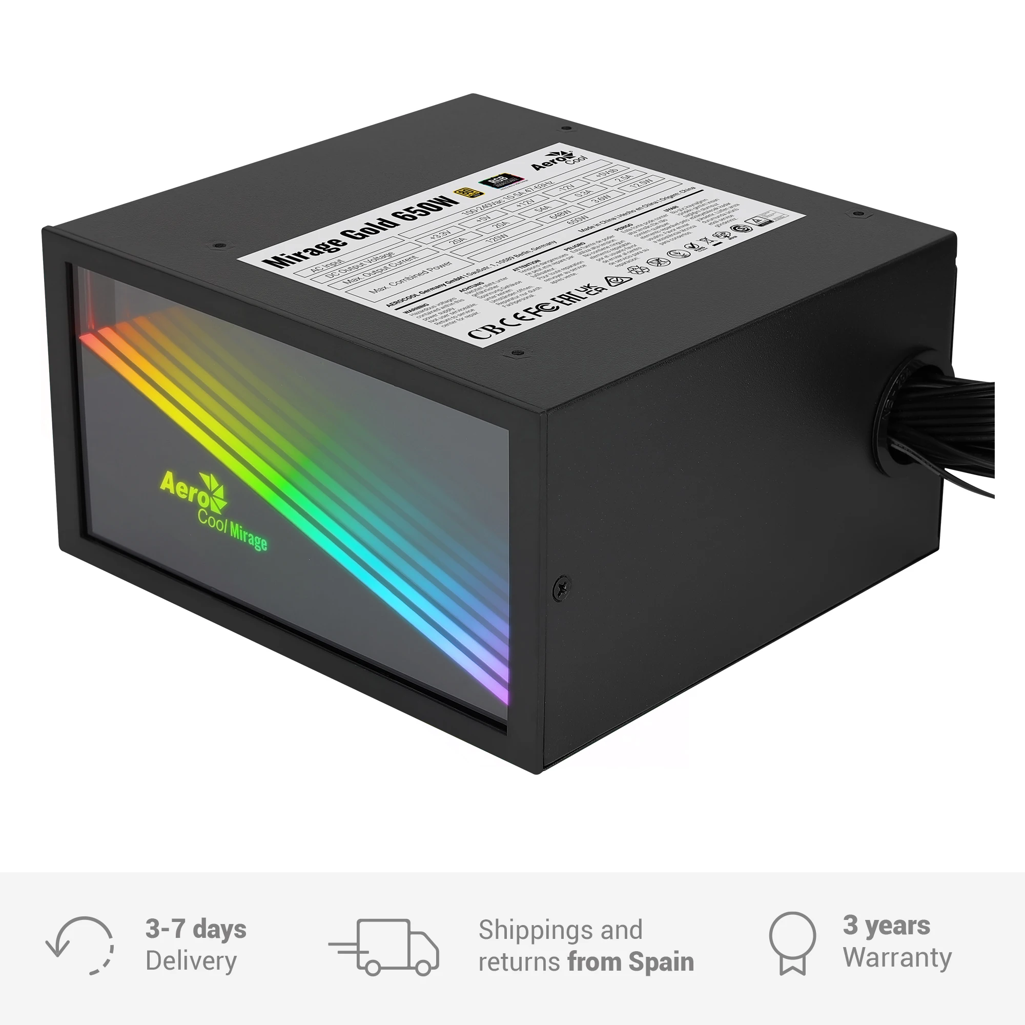 Aerocool MIRAGEGOLD PC power supply 650W computer source 80 Plus Gold RGB Infinity Mirror Japanese capacitors Black