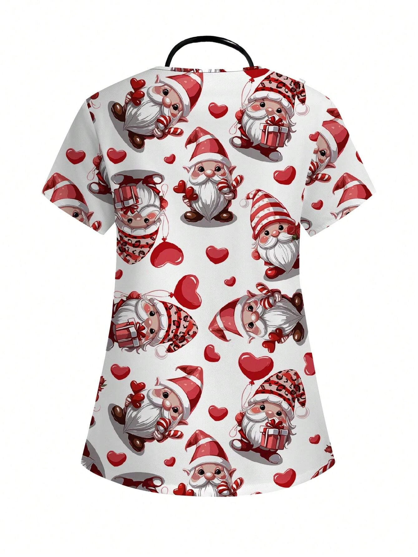 2025년 새해 축제 반팔 임상 유니폼 여성 캐주얼 미니멀리스트 올오버 프린트 간호사 스크럽 유니폼 상의