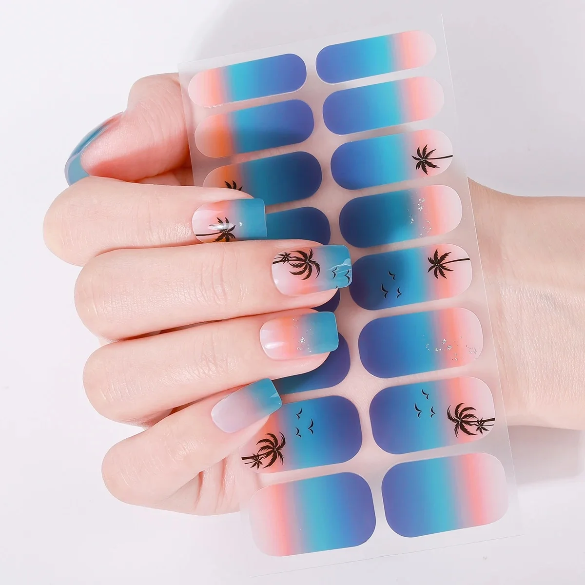 Bandes de vernis à ongles auto-adhésives, couverture complète, sans cuisson, plage d'été, cocotier, bricolage, décoration de manucure, 16 pointes