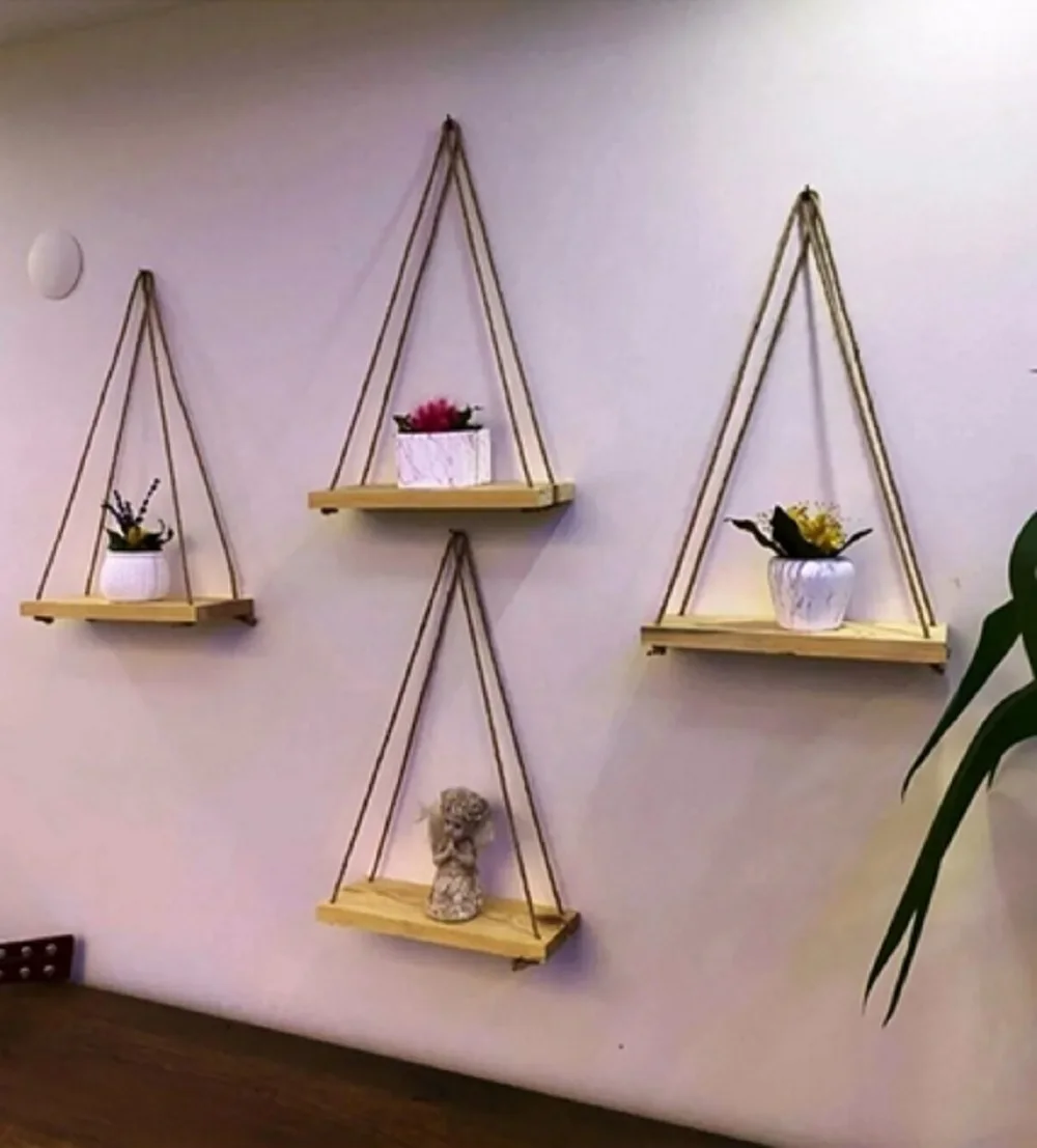 Decorative Wooden Rope Wall Shelf Bookcase & Flower Rack Flying Shelf Home Decoration Products