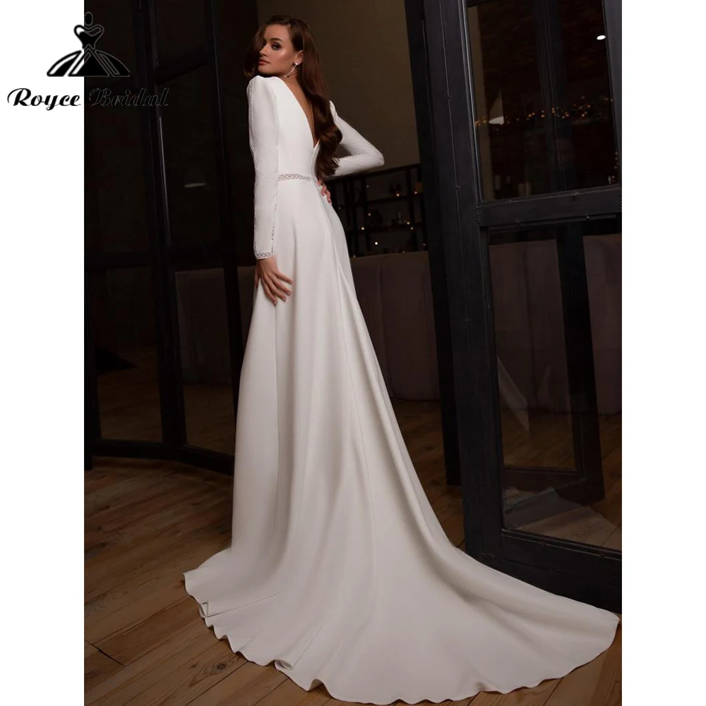 Vestido De Novia De sirena De satén con cuello redondo para mujer, manga larga, espalda abierta, elegante, Simple, personalizado