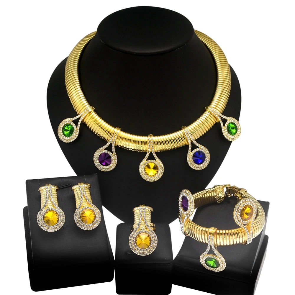 Women Jewelry Set Luxury 24K Gold Plated Colorful Rhinestone Necklace Earrings Gorgeous Wedding Banquet Jewelry Costume