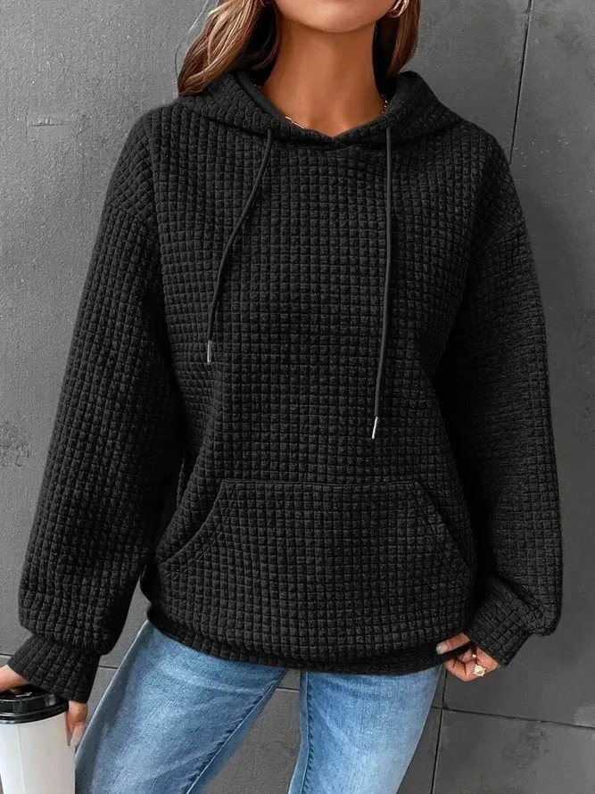 Women's Winter Thick Waffle Knit Solid Color Round Neck Pocket Sweatshirt Hip Length Crinkled Hoodie Women's Hoodies And
