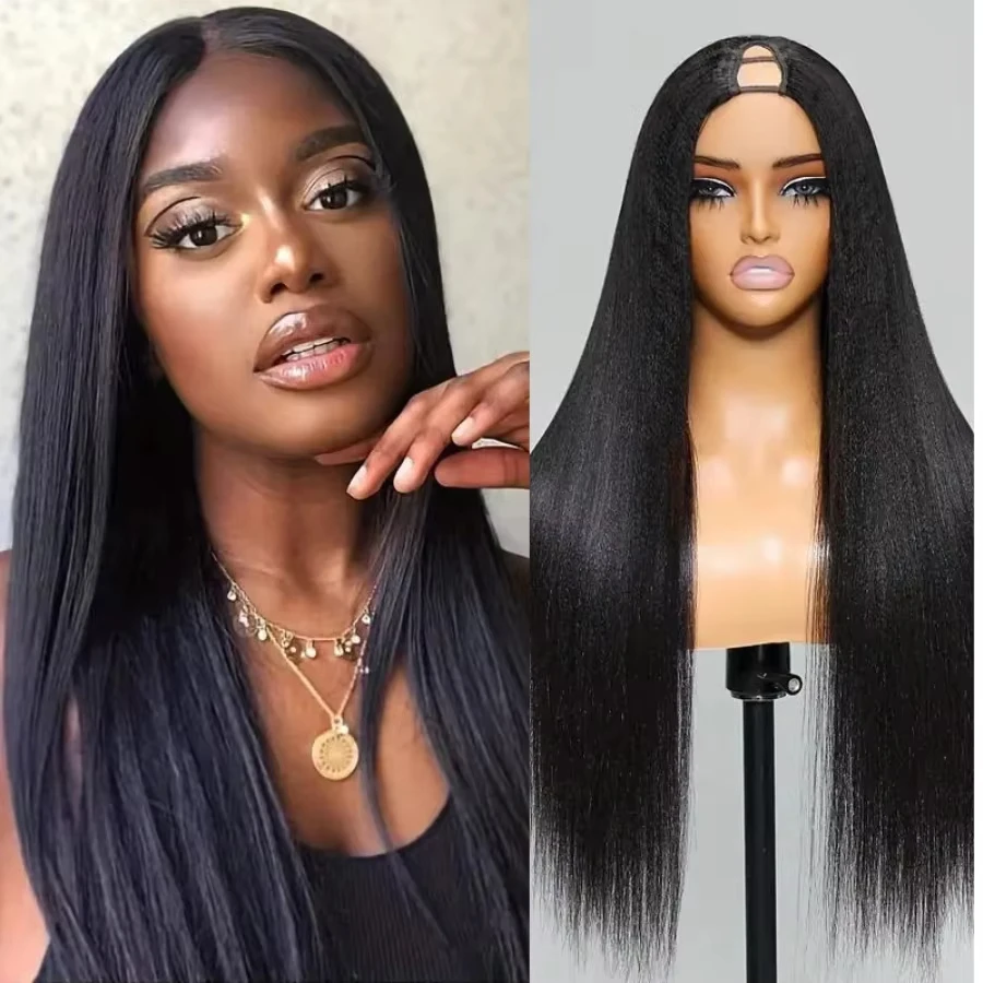 Hair Yaki Straight V Part Wig 100% Human Hair V Shaped Wig Upgrade V Part Yaki Wig No Sew In Clip In Half Wig Read To Wear Go