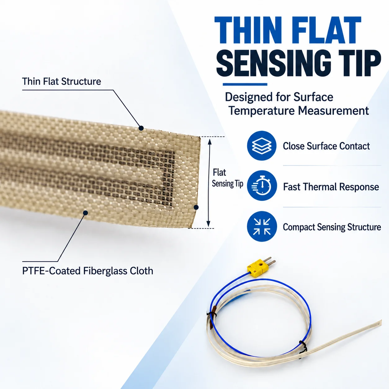 K Type Thin Flat Thermocouple Probe 0.4mm Thin Flat Sensing Tip Surface Temperature Sensor Mini Male Plug for Laboratory Test