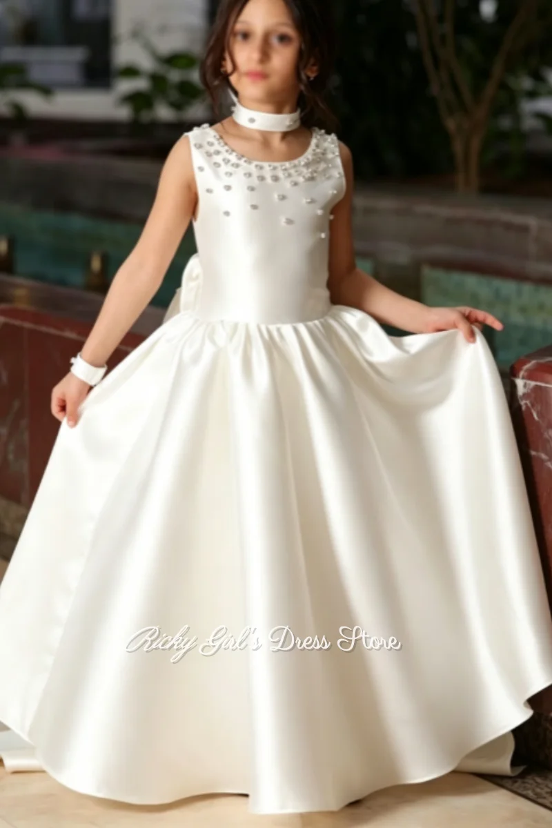 White Elegant Flower Girl Dress For Wedding Pearls Satin Sleeveless Bridesmaid First Communion Gown Customized Floor Length