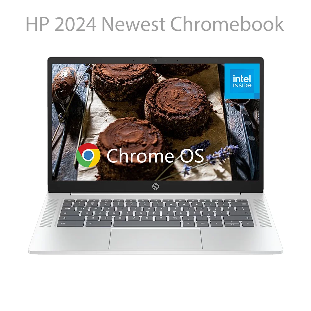 HP 2024 Najnowszy Chromebook 14-calowy Laptop FHD, procesor Intel N100,4GB LPDDR5 RAM,64GB EMC, Grafika Intel UHD, Chrome OS, Srebrny