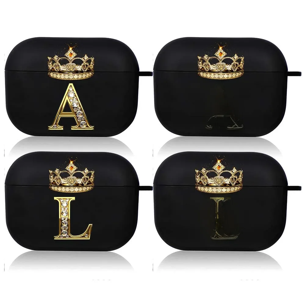 Étui Airpods avec couronne de diamant pour AirPods Pro2 3 2 1 Pro, boîte noire pour écouteurs Bluetooth sans fil, jolie couverture A-z