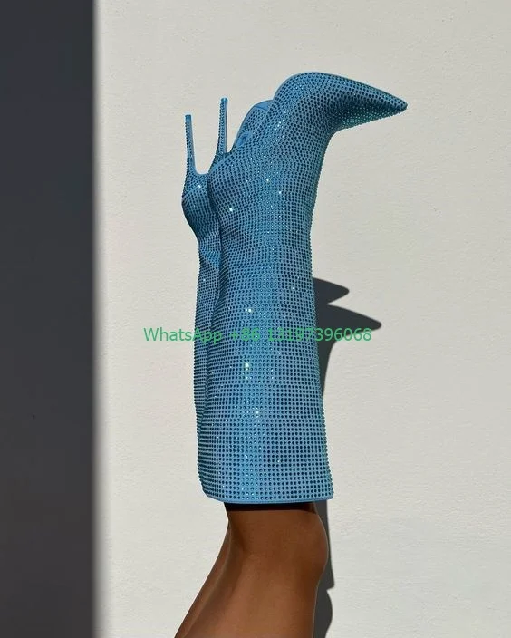 سيدة الأزرق بلينغ حجر الراين أحذية الركبة مثير اللون مشرق أشار تو أحذية T تظهر عالية الكعب فارس أحذية باردة الصيف الربيع الأحذية