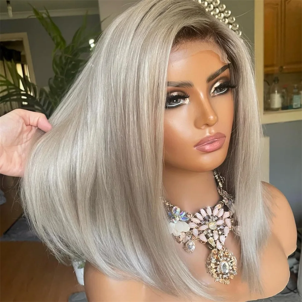 Balayage Ash Platinum Beige Blonde Bob Wig 14” Highlights 13x4 Lace Front Wig Free Part 100% Human Hair Wig Light Roots Melted