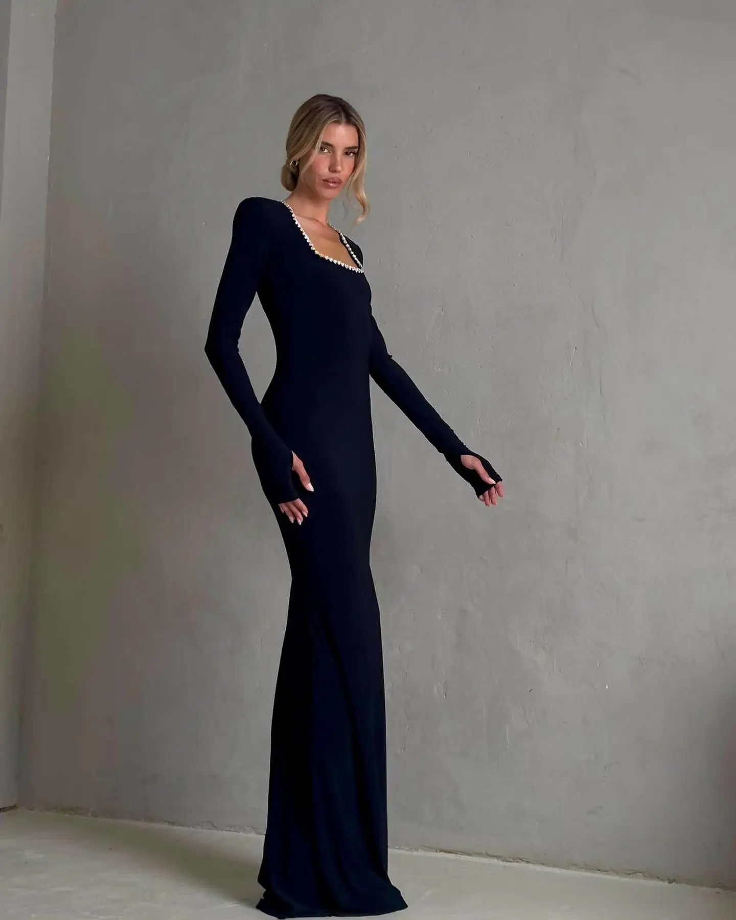 Msikoods Modest Evening Dresses Women Long Sleeves Square Collar Gala  Party Dress  Beading Crystal Prom Dresses ​Customized