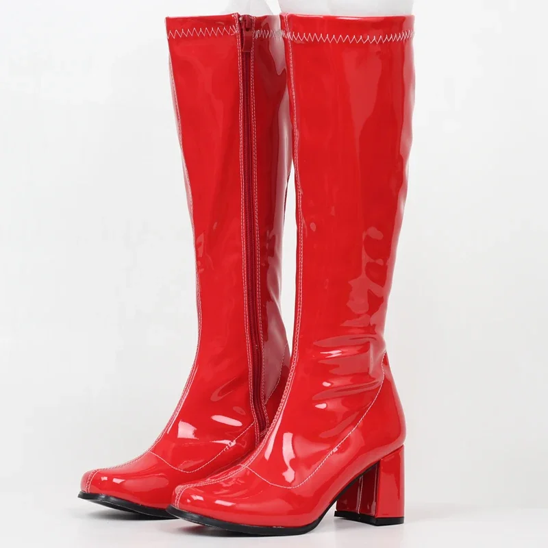 Jialuowei Frau gogo Stiefel Platz Ferse Knie-Hohe Klassischen Quadratischen Zehe Stiefel PU Leder
