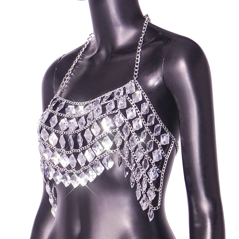 Imagem -05 - Feminino Acrílico Voltar Aberta Halter Top Cadeia de Corpo de Cristal Frisada Boate Prata Strass Cami Top